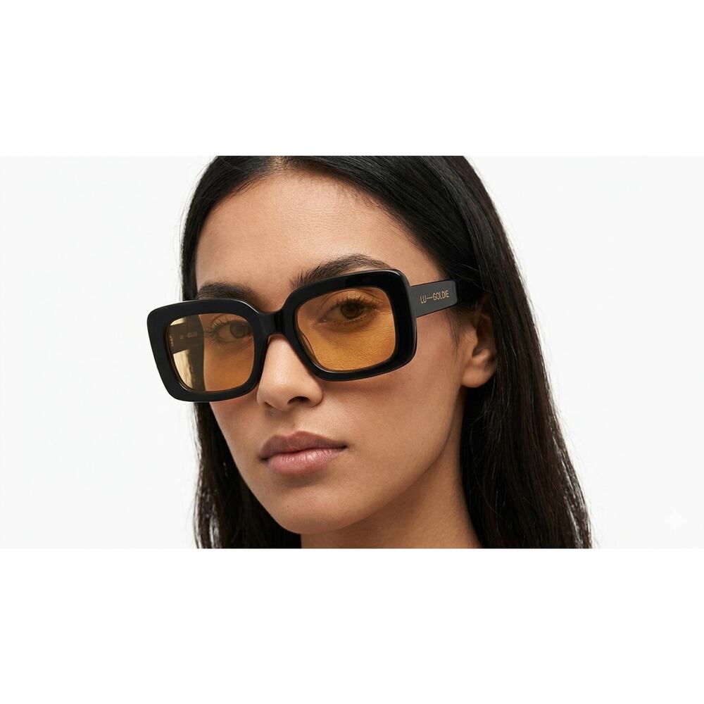LU GOLDIE Mia Sunglasses Black Amber Lens Oversized Square Retro 70s UV400 VTG